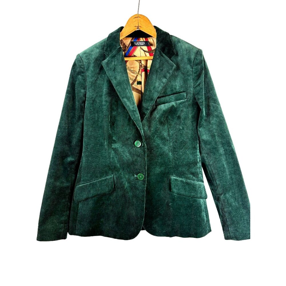 Lauren Ralph Lauren Dark Green Corduroy Equestrian Lined Blazer Women's Size 16
